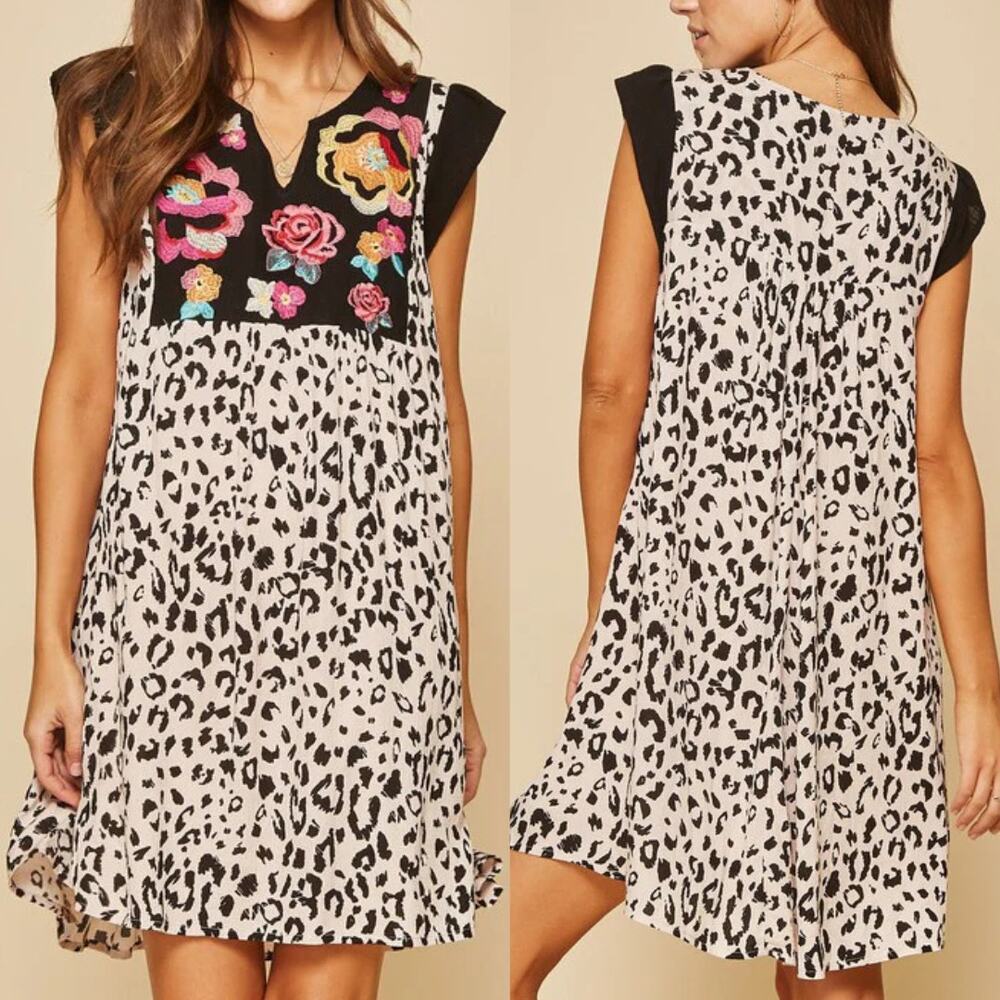 Savanna Jane Cheetah Print Flower Embroidered Mini Bohemian Tunic Shift Dress